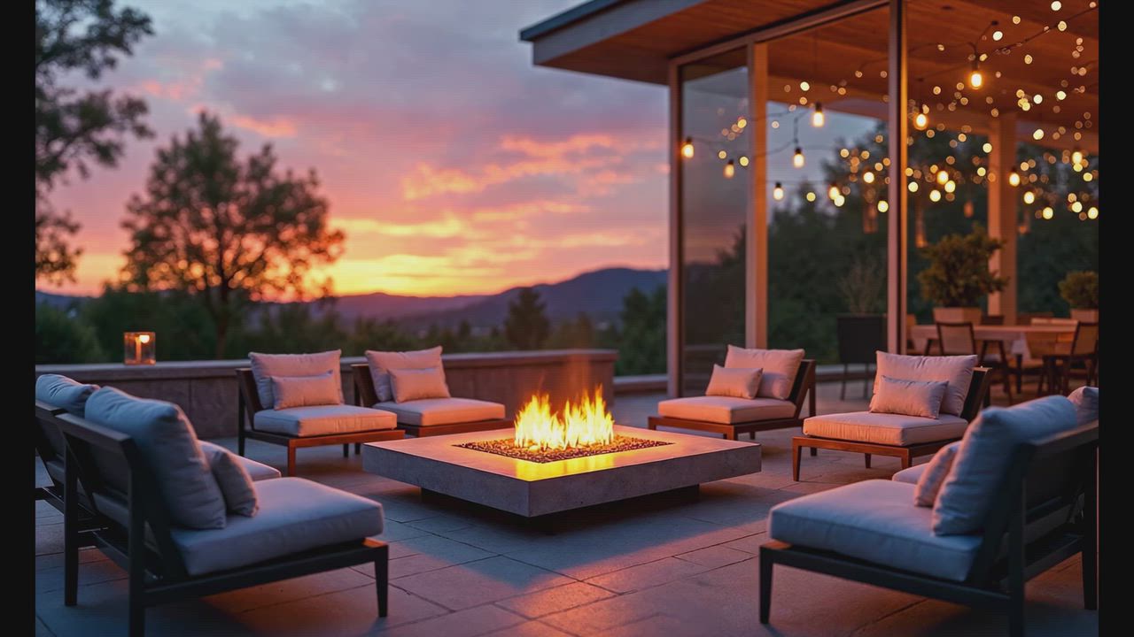 Covered outdoor entertaining space at sunset